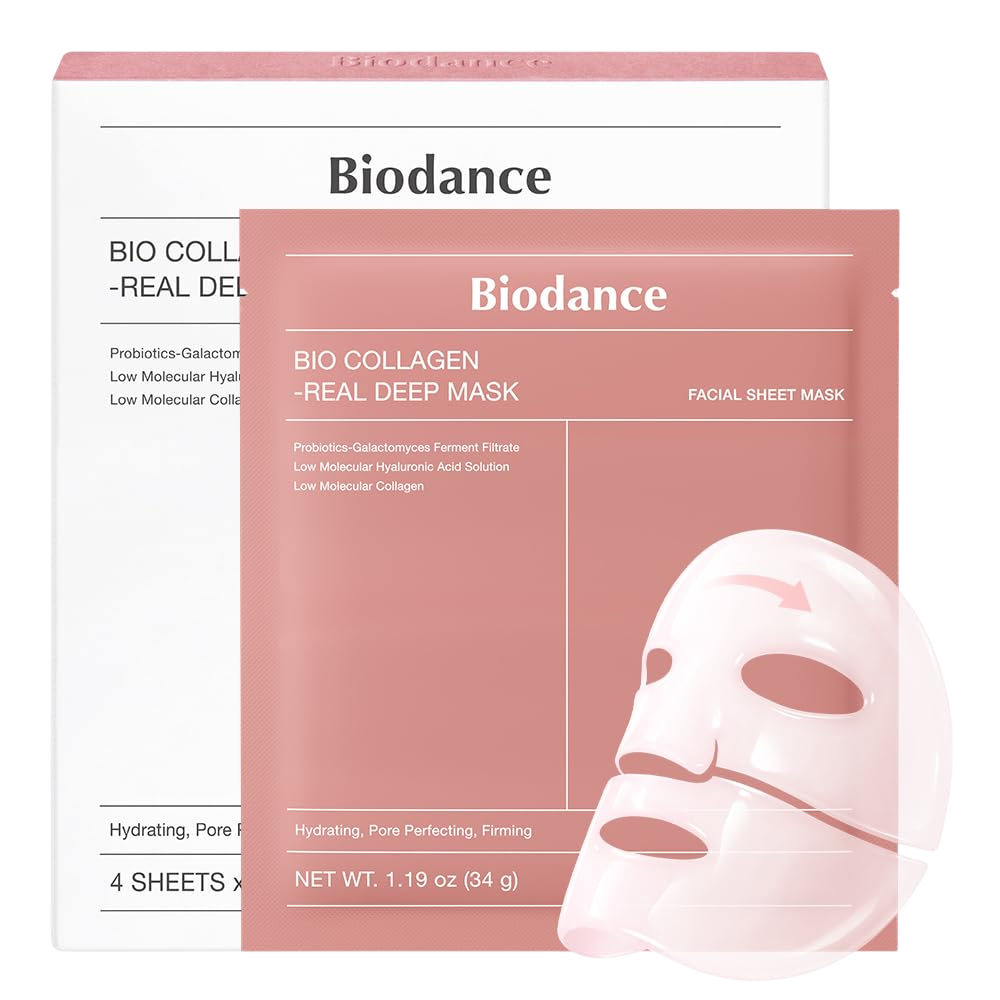 BIODANCE Bio-Collagen Real Deep Mask, Hydrating Overnight Hydrogel Face Mask, Pore Minimizing, Elasticity, Plumping, Travel Essentials & Self Care Gifts for Women, Korean Skin Care | 1.19oz(34g) x 4ea