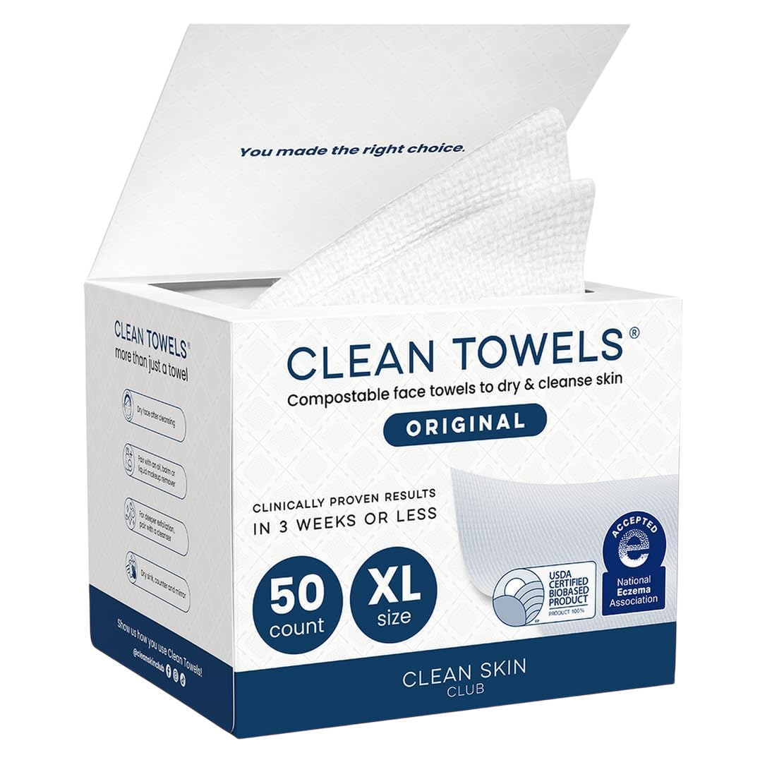 Clean Skin Club Clean Towels XL®, 100% USDA Biobased Face Towel, Disposable Face Towelette, Eczema Association Accepted, Makeup Remover Dry Wipes, Ultra Soft, 1 Pack, 50 Ct