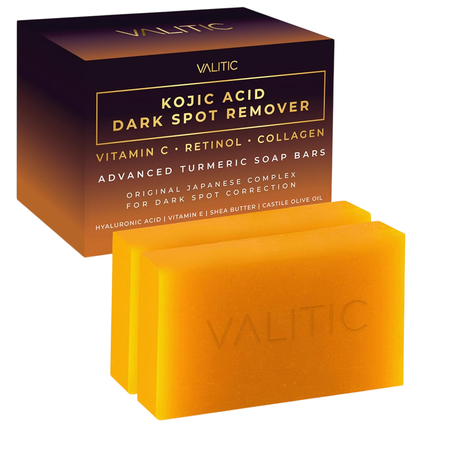 VALITIC Kojic Acid Dark Spot Remover Soap Bars with Vitamin C, Retinol, Collagen, Turmeric - Original Japanese Complex Infused with Hyaluronic Acid, Vitamin E, Shea Butter, Castile Olive Oil (2 Pack)