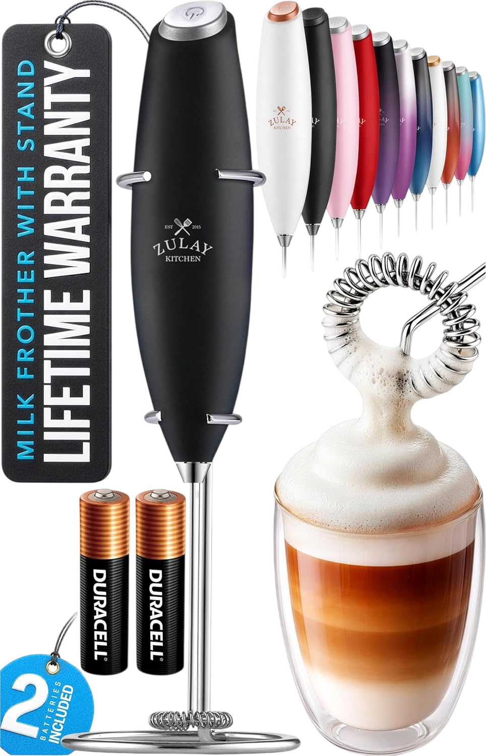 Zulay Kitchen Powerful Milk Frother Wand With 2 Duracell Batteries - Ultra Fast Handheld Drink Mixer - Electric Whisk Foam Maker for Coffee, Lattes, Cappuccino, Matcha, Hot Chocolate & Creamer - Black