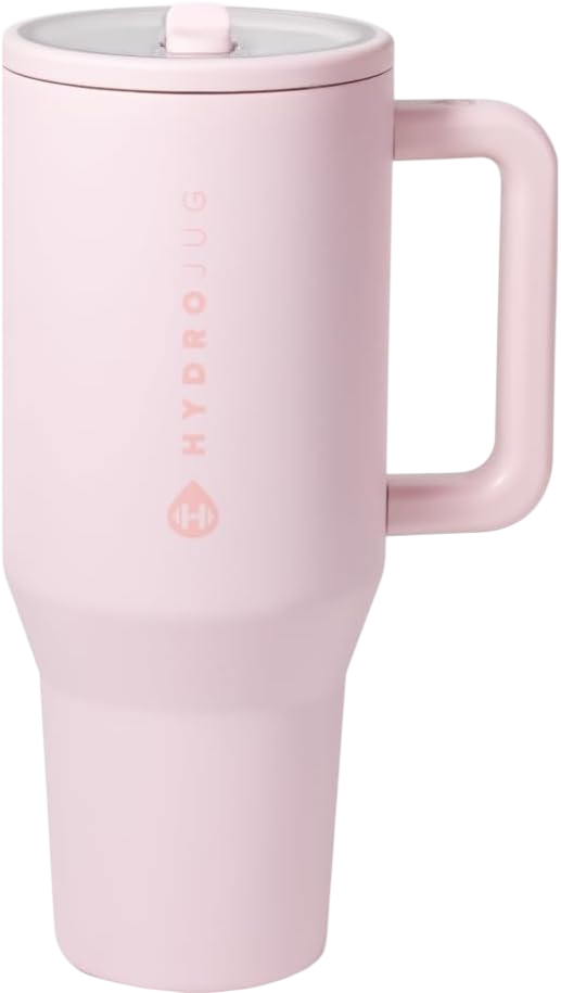 HydroJug Traveler - 32 oz Water Bottle with Handle & Flip Straw - Fits in Cup Holder, Leak Resistant Tumbler-Reusable Insulated Stainless Steel & Rubber Base - Gifts for Women & Men, Pink Sand