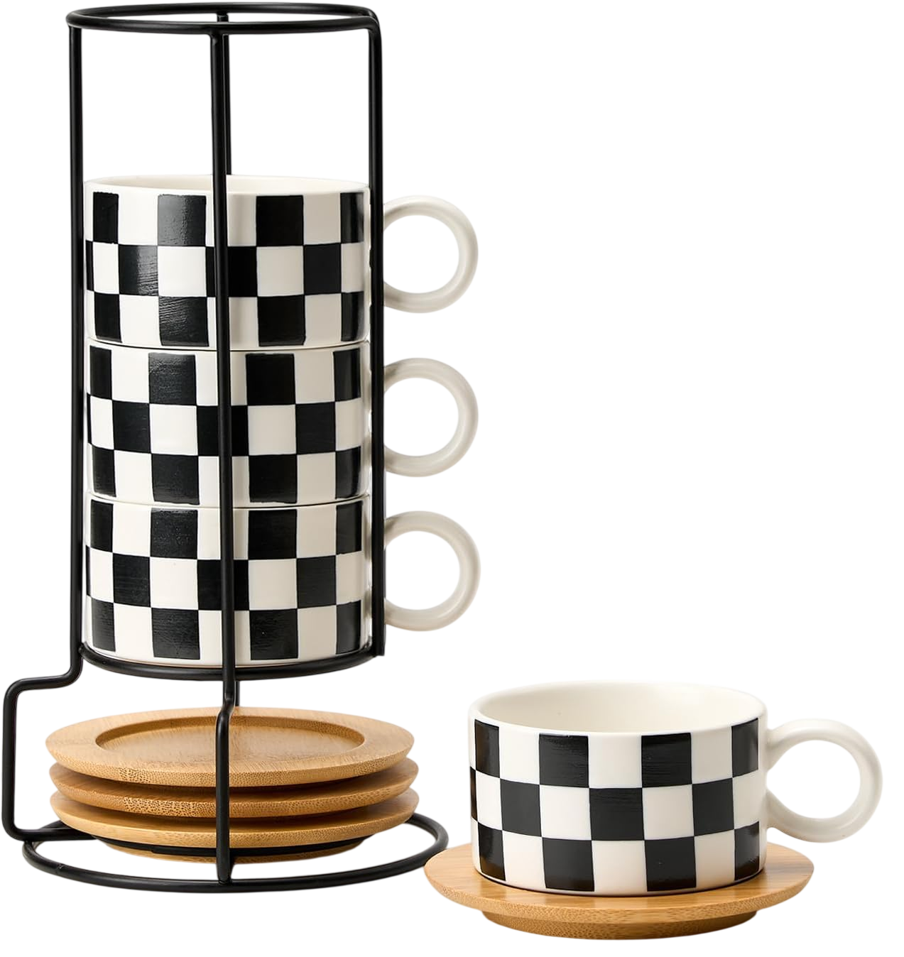 LUKA 6 Ounce Ceramic Stackable Black and White Checkered Espresso Cups with Saucers and Metal Stand Set of 4, Cappuccino Cups Set for Coffee Drinks, Latte, Cafe Mocha and Tea, White Interior