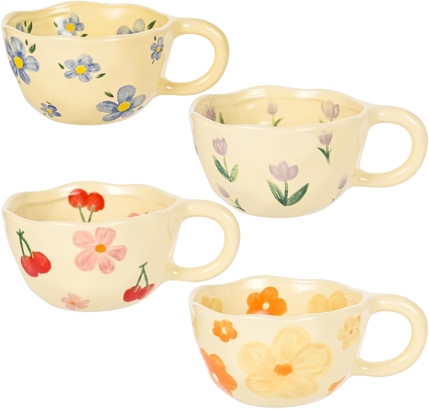 Ceramic Coffee Mug Vintage Flower Mugs 8 oz Cute Floral Coffee Mugs Irregular Latte Art Cup Lead-free Porcelain Cups for Cappuccino, Cocoa (4 Pack)