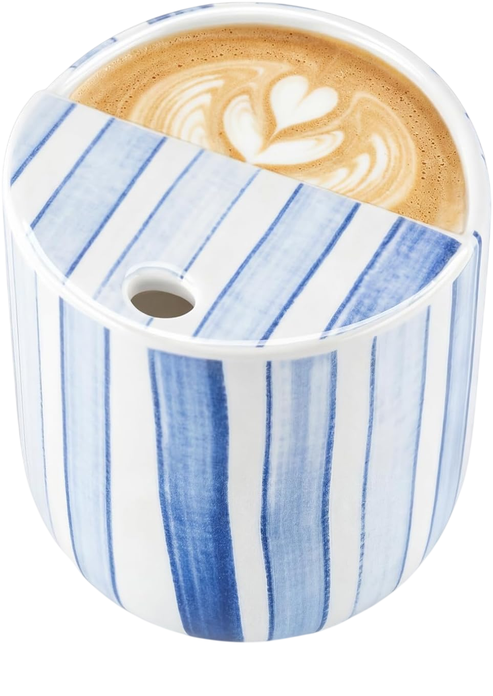 Ceramic Mug with Sip Hole 10 oz Novelty Blue Striped Coffee Mug Hand Painted Ceramic Cup Heat Resistant Non Slip Built in One Lid Handcraft Mugs for Coffee Lovers Appreciation Gift